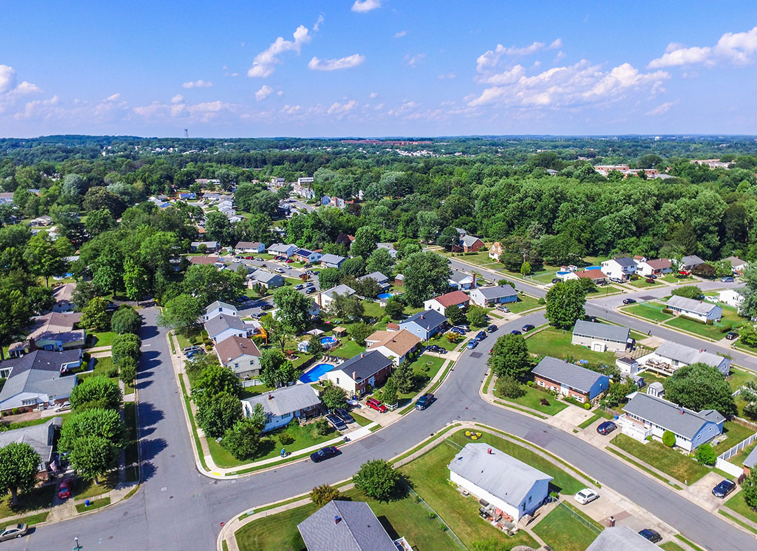 Nottingham, MD - Aerial View of Residential Homes in Maryland on a Sunny Day